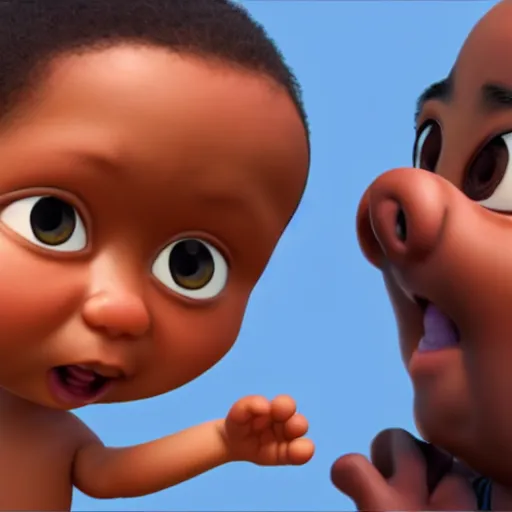 Image similar to black baby held by shocked asian man who cannot believe his eyes, award winning art, pixar, 3 d render, unreal engine