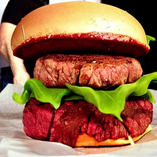 Image similar to Walter White, Heisenberg, Depicted as a large angus steakburger, food photography, body horror