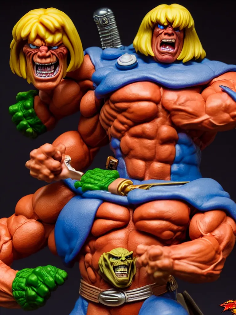 Image similar to hyperrealistic rendering, he - man by art of skinner and richard corben and jeff easley, product photography, action figure, sofubi, studio lighting, colored gels