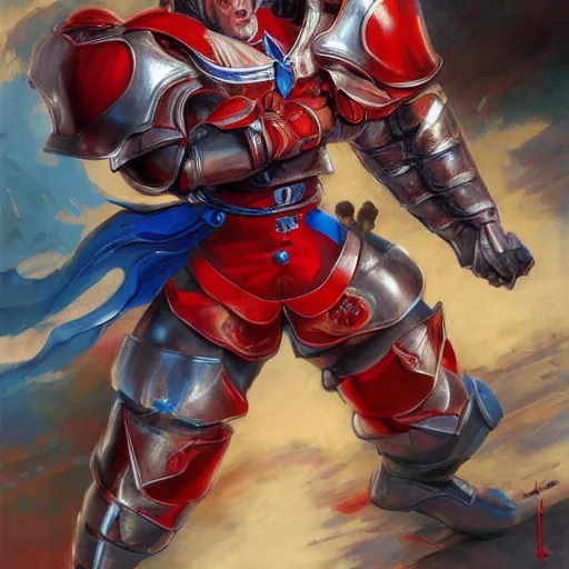 Image similar to Anime Strongman with the power to level up, a blue and red dagger, fighting a knight in red armor, detailed, centered, digital painting, artstation, concept art, donato giancola, Joseph Christian Leyendecker, WLOP, Boris Vallejo, Breathtaking, 8k resolution, extremely detailed, beautiful, establishing shot, artistic, hyperrealistic, beautiful face, octane render, cinematic lighting, dramatic lighting, masterpiece