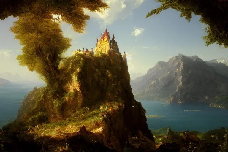 Image similar to a german castle on the cliff, by thomas cole, trending on artstation