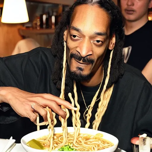 Image similar to Snoop Dog eating ramen in a restaurant