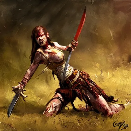 Image similar to a warrior woman with a stunning sword, dead zombie on ground, by craig mullins _ w 7 0 0