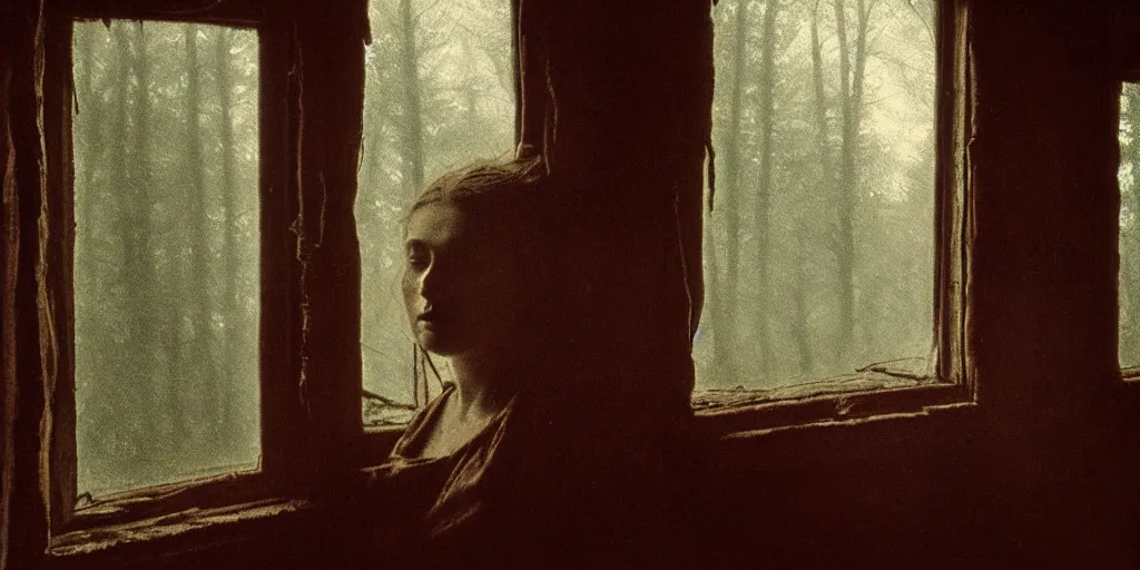 Image similar to portrait bust of young woman, tired expression, faded color film, russian cinema, tarkovsky, kodachrome, inside old cabin, next to window, heavy forest outside, long brown hair, old clothing, heavy fog, brown color palette, hudson river school, 4 k, dramatic lighting, greg rutkowski