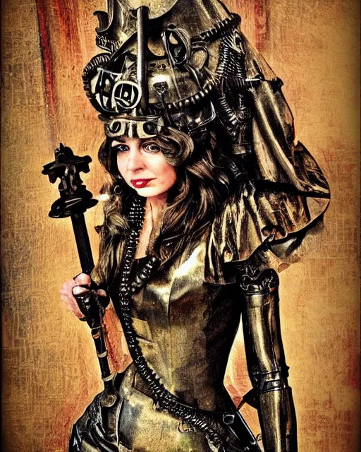 Image similar to lady justice steampunk style, portrait painting