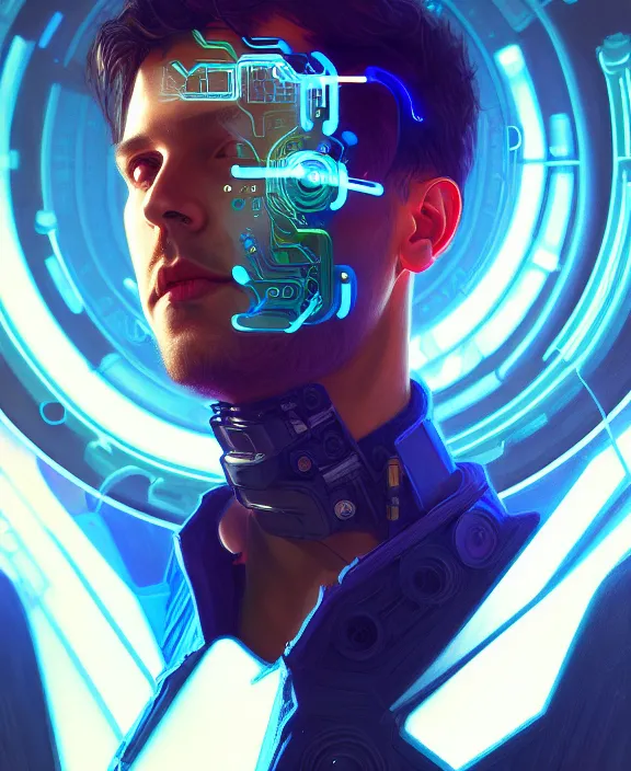 Image similar to a whirlwind inside the metaverse, guy, male, man, hologram, half body, neurochip, android, cyborg, cyberpunk face, by loish, d & d, fantasy, intricate, elegant, highly detailed, colorful, digital painting, artstation, concept art, art by artgerm and greg rutkowski and alphonse mucha