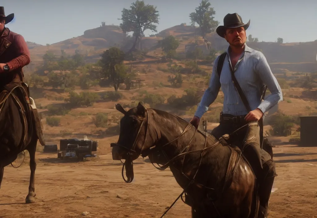 Image similar to elon musk in the red dead redemption 2, elon musk in the video game red dead redemption 2, gameplay screenshot, close up, 3 d rendering. unreal engine. amazing likeness. very detailed.