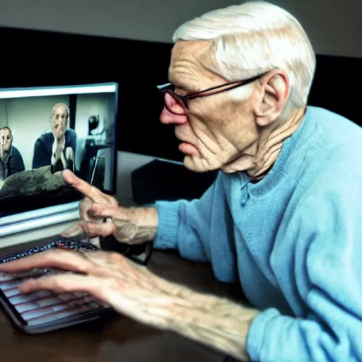 Prompt: A colored colorized real screenshot of Jerma985 as an elderly guy streaming on his computer, taken in the early 2020s, taken on a 2010s Camera, realistic, hyperrealistic, very realistic, very very realistic, highly detailed, very detailed, extremely detailed, detailed, digital art, trending on artstation, headshot and bodyshot, detailed face, very detailed face, very detailed face, real, real world, in real life, realism, HD Quality, 8k resolution, intricate details, colorized photograph, colorized photon, body and headshot, body and head in view
