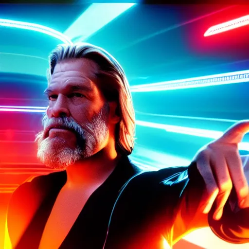 Image similar to dude lebowski played by jeff bridges in tron movie realm, photorealistic movie still, detailed 8 k, poster style, high resolution