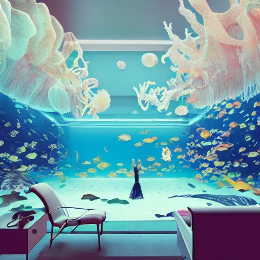 Image similar to photo of the modern fashionable room as aquarium with a chandelier as a big jellyfish, beautiful corals on the walls and dangerous sharks outside, big panoramic window, realism, sharp details, cinematic, under the ocean, realistic colors, realistic shadows, daylight by beeple and by greg rutkowski
