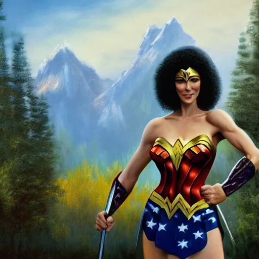 Image similar to a closeup photorealistic photograph of bob ross working on a canvas painting of wonder woman. film still. brightly lit scene. mountains and trees. this 4 k hd image is trending on artstation, featured on behance, well - rendered, extra crisp, features intricate detail, epic composition and the style of unreal engine.