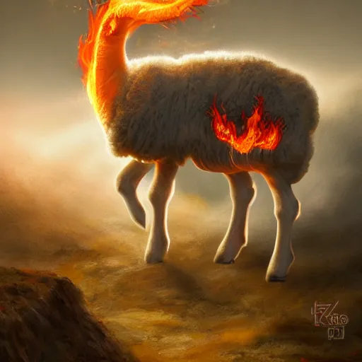 Image similar to ram horned catholic lamb brings fire down from the sky, medieval style, trending on artstation, highly detailed, digital painting, volumetric light, concept art, sharp focus, illustration