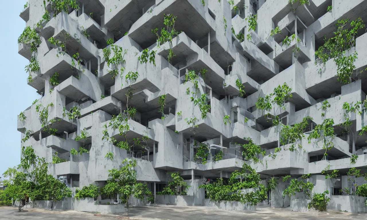 Prompt: algae concrete additive printed multifamily modern architecture in thailand city, colorful geometric exterior rain - screen cladding, architectural sculptural interior, visually satisfying architecture render in vray