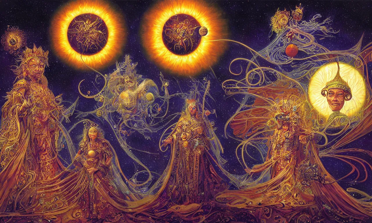 Prompt: sun king and moon queen in the cosmic court of mystical astronomy, art by james c. christensen and ron walotsky