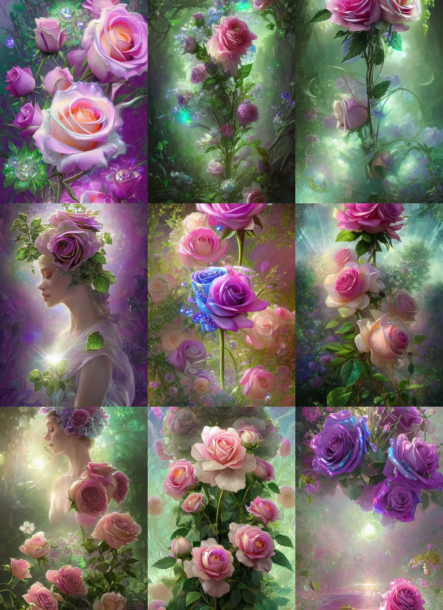 Prompt: iridescent diaphanous refractive and reflective crystal crystalline pearly floral roses bouquet, verdant, lush, overgrown, fantasy, intricate, elegant, highly detailed, digital painting, artstation, concept art, matte, sharp focus, illustration, hearthstone, art by artgerm and greg rutkowski and alphonse mucha