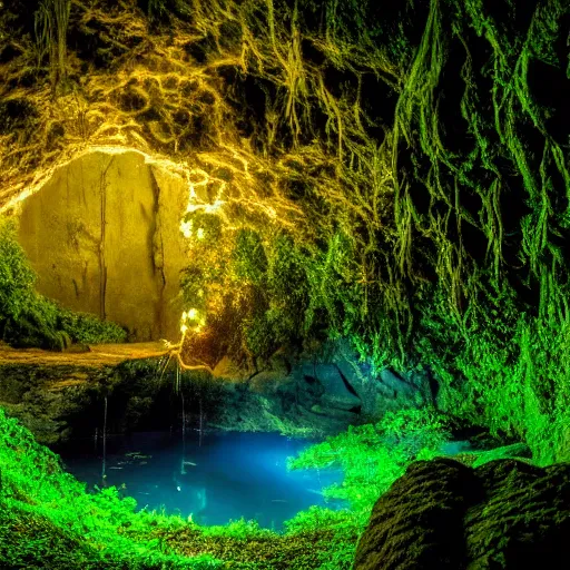 Prompt: glowing cave, hidden by a curtain of vines, covered by lush green vines, rocks, small pool of water, trickling water, stone, hidden, forest, night, glow, magical, magic, fantasy, professional, high quality, highly detailed, award-winning, awe-inspiring, spectacular, HD, 4K, 8K