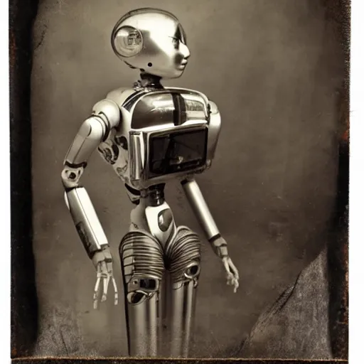 Prompt: humanoid robot, advanced humanoid robots, sleek robot, in log cabin living room, tintype photograph
