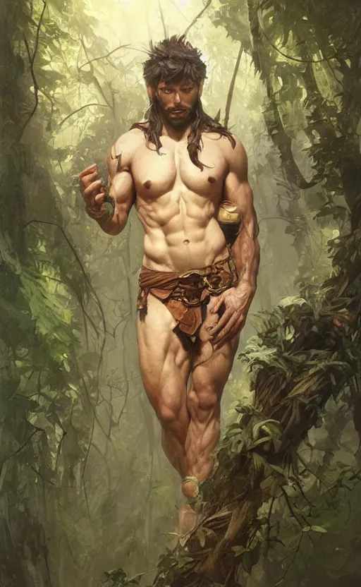 Image similar to god of the forest, 30 years old, rugged, male, gorgeous gorgeous gorgeous, detailed face face face face, amazing, thighs thighs thighs thighs, muscular, intricate, highly detailed, digital painting, artstation, concept art, sharp focus, illustration, art by greg rutkowski and alphonse mucha