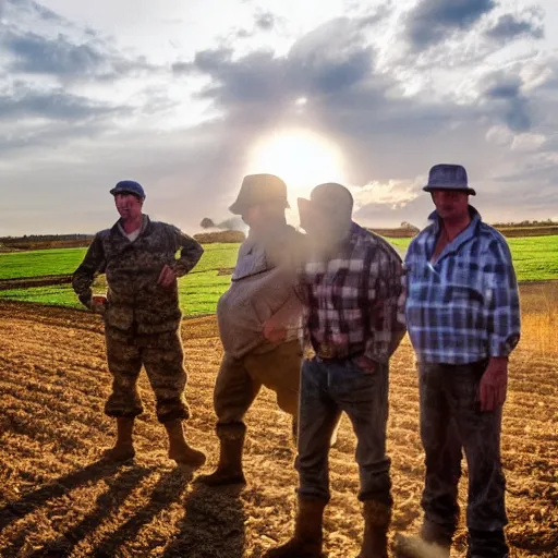 Prompt: photo of farmers fighting against military, award winning, golden hour