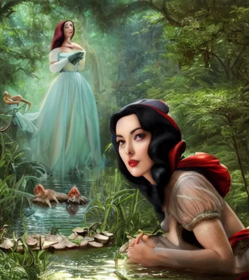 Image similar to film still of Monica Bellucci as snow white in a forest by a pond with frogs, by artgerm, makoto sinkai, magali villeneuve, Gil Elvgren, Earl Moran,Enoch Bolles, symmetrical,