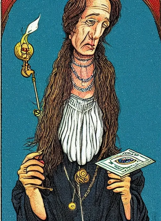 Image similar to Igor Bogdonoff caricature in Thoth tarot deck, style of Lady Frieda Harris,