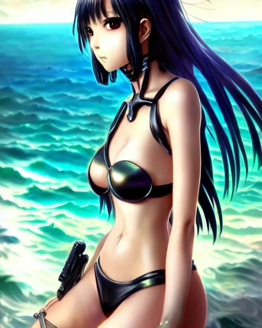 Image similar to portrait Anime Girl in bikini armor cute-fine-face, pretty face, realistic shaded Perfect face, fine details. Anime. Warhammer, futuristic, cyberpunk realistic shaded lighting by katsuhiro otomo ghost-in-the-shell, magali villeneuve, artgerm, rutkowski Jeremy Lipkin and Giuseppe Dangelico Pino and Michael Garmash and Rob Rey