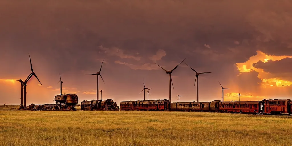 Image similar to photo of a stormy west texas sunset, perfect rustic pumpjack!, ( ( ( wind turbine ) ) ), abandoned train!!, horses!!!!!!, cows!!!!!!, high resolution lightning, golden hour, high detail, beautiful!!!