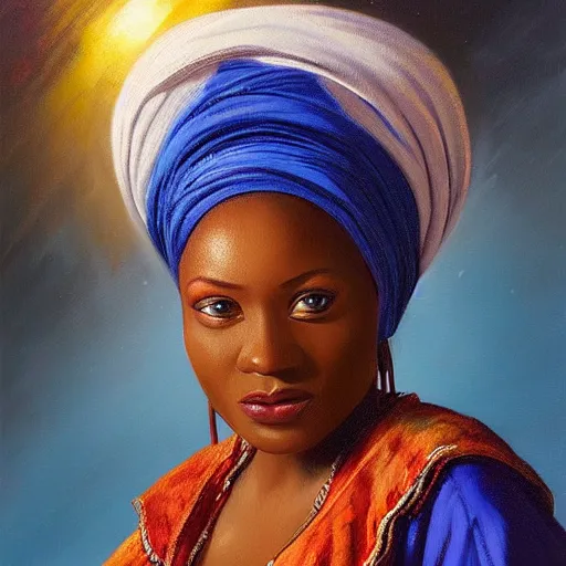 Image similar to portrait of a nigerian woman ( 3 5 ) from nigeria, an oil painting by ross tran and thomas kincade