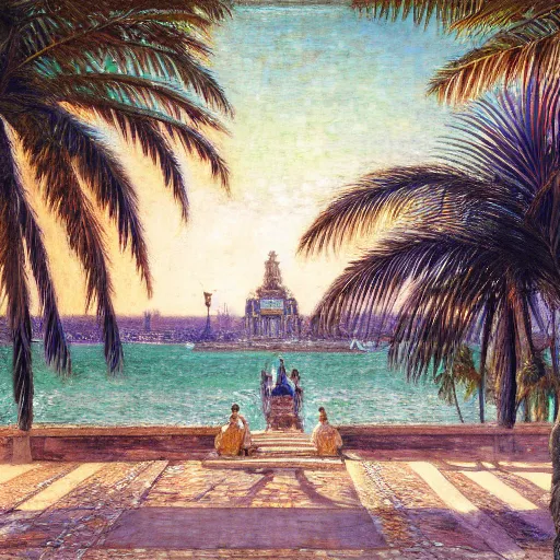 Image similar to a ultradetailed beautiful painting of the amazonas palace balustrade designed by jules bastien - lepage, hans belmer, frank weston and gustave baumann, beach, trending on artstation, mediterranean, palm trees, refracted color sparkles, sharp focus, soft light, 8 k 4 k