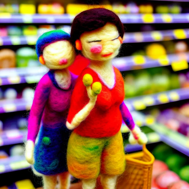 Image similar to needle felted person at supermarket, highly detailed, tilt shift, cute, hyperrealism, highly textured, god rays