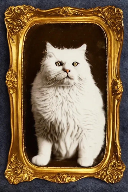 Prompt: a magnificent tintype portrait of a fluffy fat cat on an embroidered velvet cushion on a neo - rococo gilded little bed with precious stones, ball of yarns all around, photorealistic, photography, wide shot