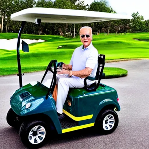 Prompt: joe biden driving a golf cart on the golf course green, photorealistic