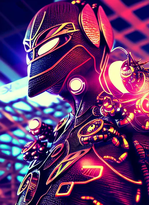 Image similar to kamen rider, human structure insects concept art, intricate detail, hyperrealistic art and illustration by irakli nadar and alexandre ferra, global illumination, at tokyo cyberpunk neon light night