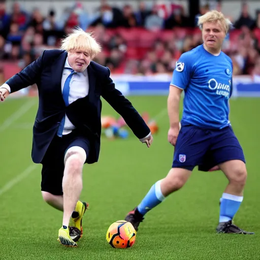 Prompt: a photo of Boris Johnson playing soccer in a Premier League match