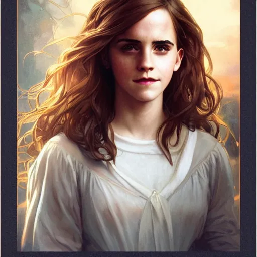 Image similar to Painting of Emma Watson as Hermione Granger. Prisoner of Azkaban. Cheerful. Happy. Art by artgerm and greg rutkowski and alphonse mucha. During golden hour. Extremely detailed. Beautiful. 4K. Award winning.