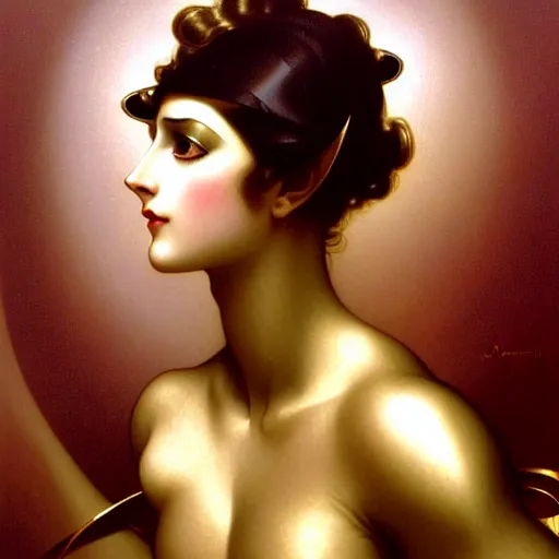 Image similar to android with metallic skin, ornate, regal, digital illustration, concept art, by Rolf Armstrong and William-Adolphe Bouguereau