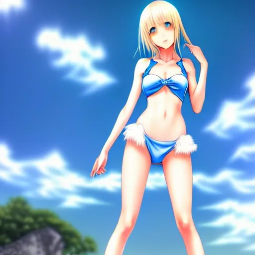 Image similar to tiny father a tall daughter picture : a very beautiful young blond anime girl, sky blue eyes, bikini, white miniskirt, highly detailed, cinematic wallpaper by stanley artgerm lau