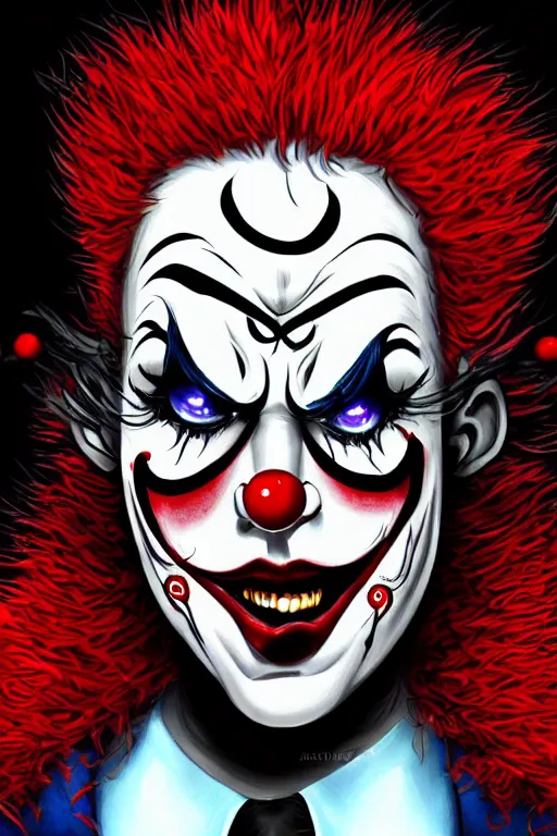 Prompt: an insane clown, highly detailed, digital art, sharp focus, trending on art station, anime art style