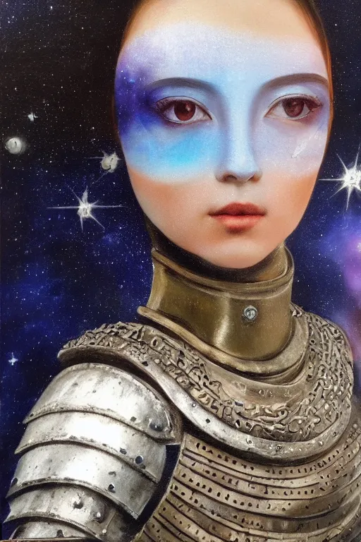 Image similar to hyperrealism oil painting, close - up portrait of medieval fashion model, knight, steel gradient mixed with nebula sky, in style of baroque mixed with 7 0 s japan book art