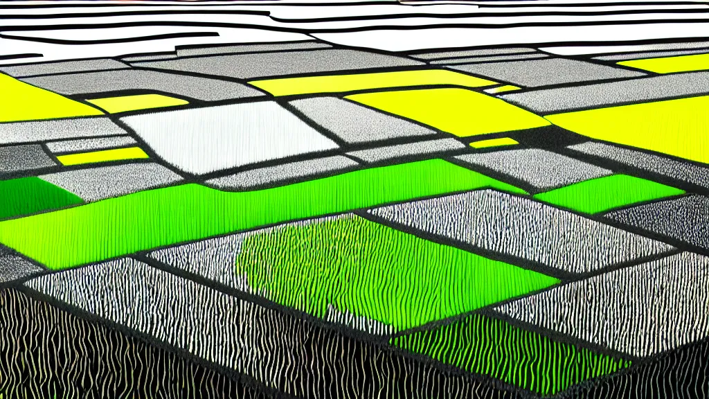 Image similar to dramatic rice fields of toyama city, japan, a collage painting, in the style of wes anderson, lola dupre, david hockney, isolated on negative white space background dark monochrome neon fluorescent spraypaint accents volumetric octane render