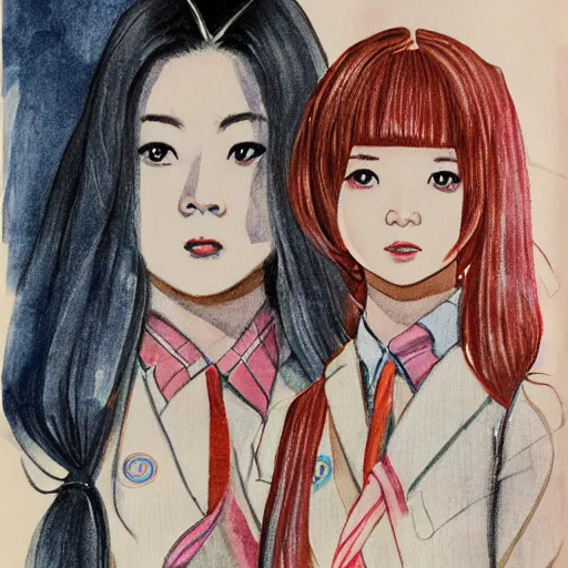 Image similar to a perfect, realistic professional digital sketch of two Japanese schoolgirls posing, 1970s, in style of Marvel, full length, by pen and watercolor, by a professional American senior artist on ArtStation, a high-quality hollywood-style sketch, on high-quality paper