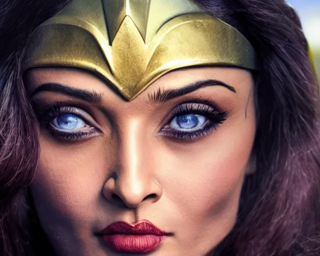 Image similar to a photo of aishwarya rai as a wonder woman, hyper realistic face, beautiful eyes, cinematic, long shot, hyper detailed, 8 5 mm photograph, 8 k resolution, film still, sharp lens, wide lens