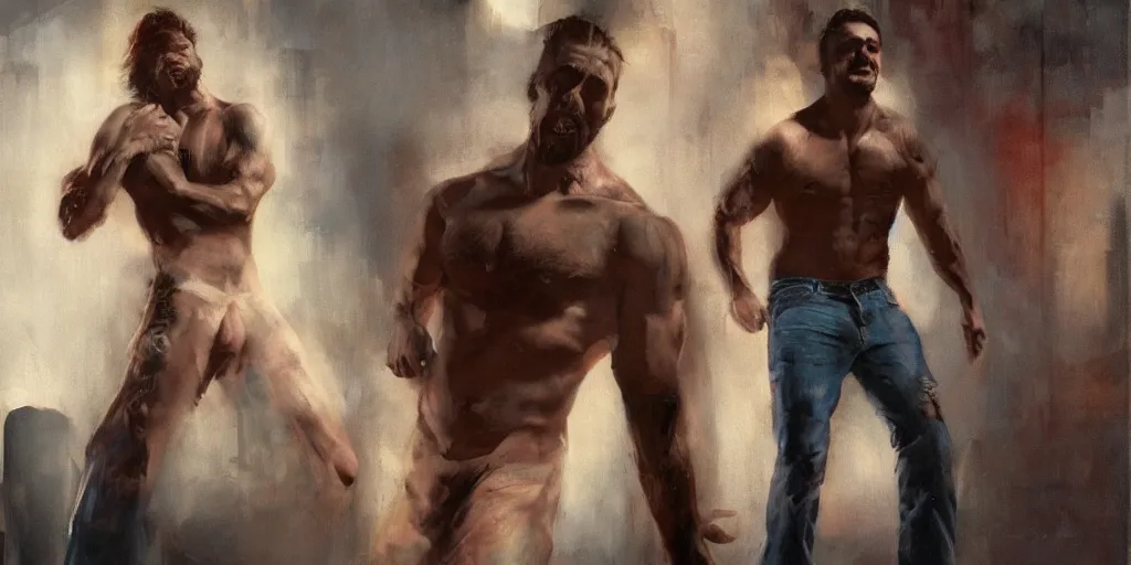 Prompt: phil hale portrait of a snarling shirtless man in jeans, vibrant, 5 0 mm lens, animated character and environment design, behance hd, evening, dramatic lighting, cinematic, trending on artstation, bloom