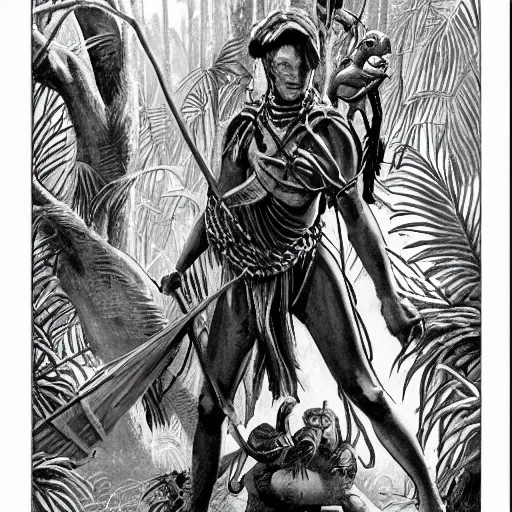 Prompt: mummy walks through the jungle, old school dungeons and dragons art, old school fpr, black and white image