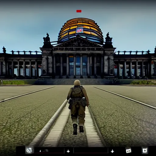 Image similar to berlin reichstag in pc game hell let loose, ww 2, 1 9 4 5, american soldiers, nazis, nazi germany, tanks, devastated city, ruins, screenshot, unreal engine, gameplay, in - game