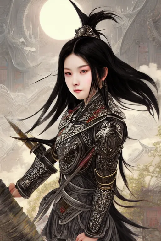 Image similar to portrait black hair young knights of Dynasty Warriors girl, matt white color armor, in ruin chinese temple rooftop moon magic night, ssci-fi and fantasy, intricate and very beautiful and elegant, highly detailed, digital painting, soft light, artstation, concept art, smooth and sharp focus, illustration, art by tian zi and WLOP and alphonse mucha