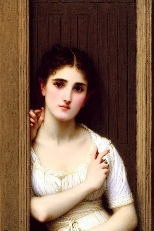 Prompt: lady in thought by auguste toulmouche and bouguereau, perfect detailed eyes, pale skin, blonde hair, leaning on door