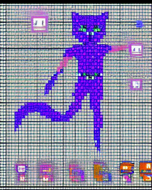 Image similar to spritesheet pixel art of feline alien main character, isomorphic top down view, transparent