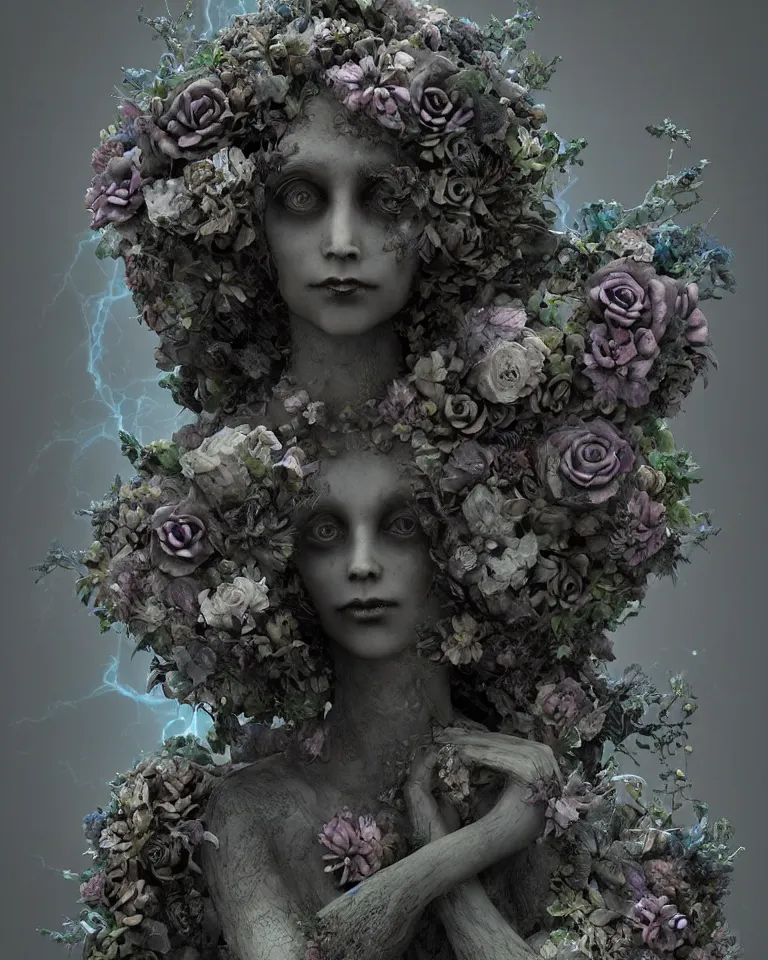 Image similar to portrait of a gothic cemetery statue made of mist and flowers, cosmic horror, mutating into mist, cinematic lightning, Andrew Ferez, Charlie Bowater, Marco Mazzoni, Seb McKinnon, Ryohei Hase, Alberto Seveso, Kim Keever, trending on cgsociety, featured on zbrush central, new sculpture, mystical