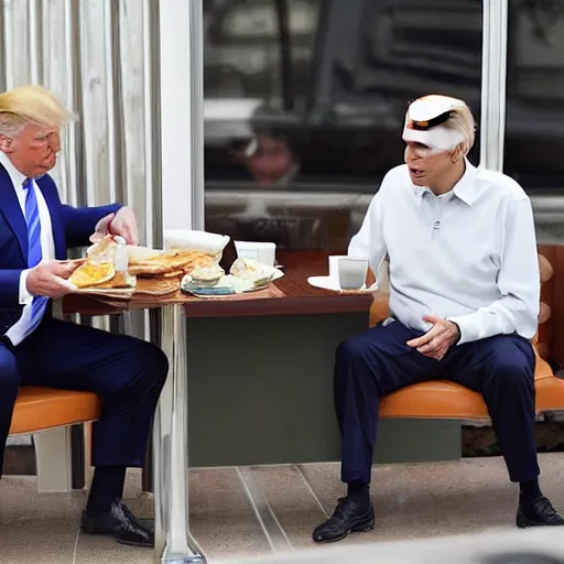 Image similar to trump and Biden sitting and eating breakfast at a Wafflehouse